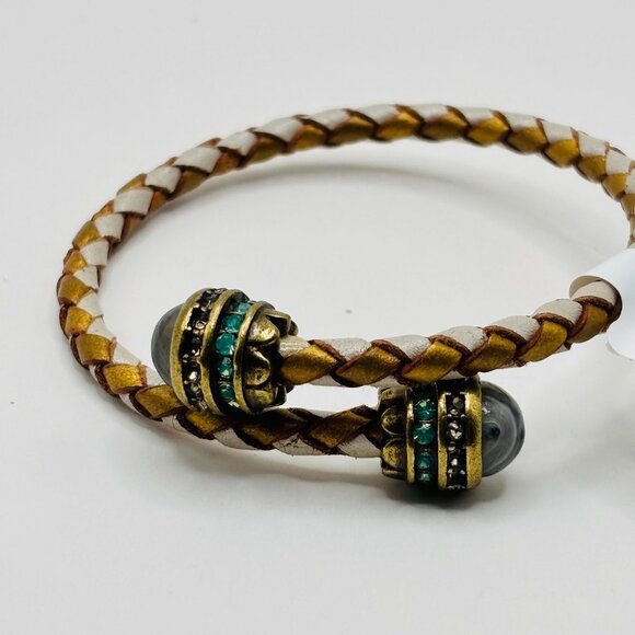 Ann Taylor LOFT Braided Leather Wrap Bracelet Gold White with Gemstone Ends NWT - Picture 2 of 4